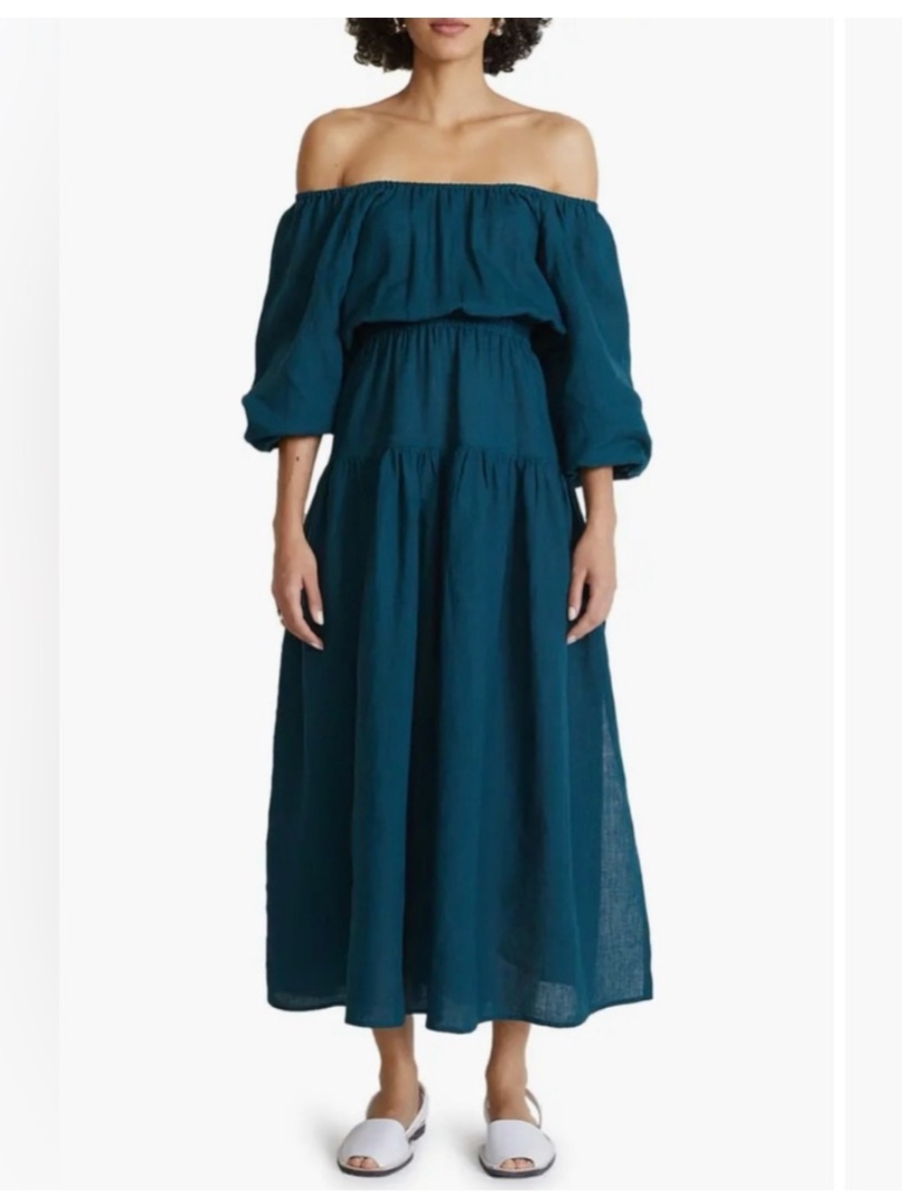 Apiece Apart Mazzy Maxi Puff Sleeve Linen Dress L Large Dark Teal Green $428